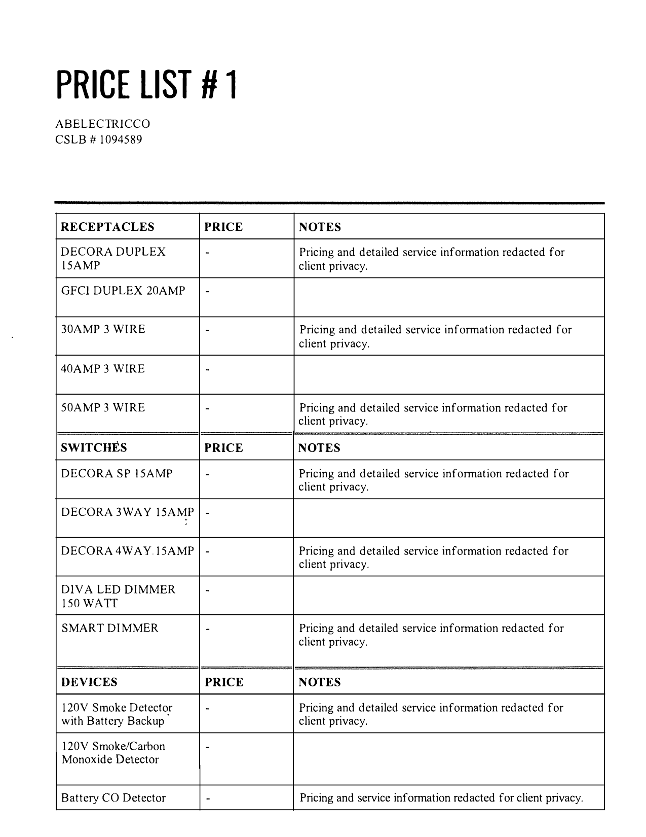 Price list, before